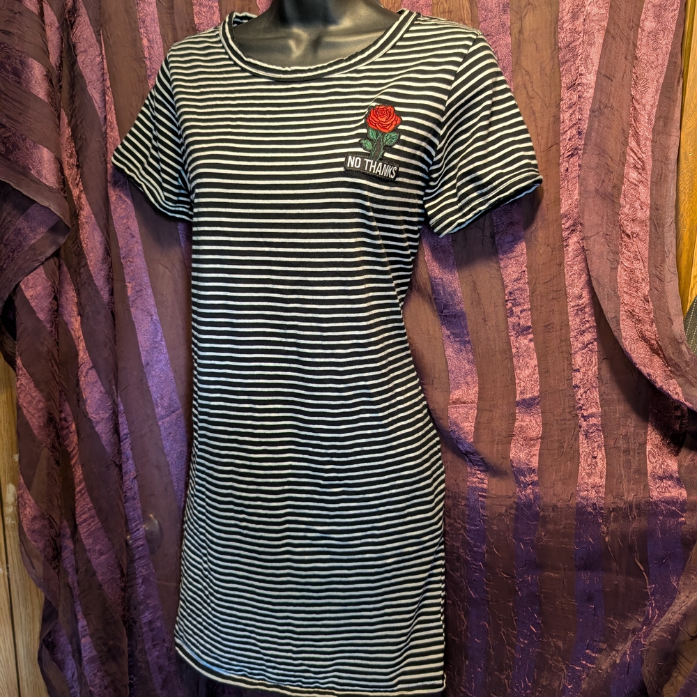 Striped NO THANKS Tshirt Dress Rose Punk Grunge Goth Pockets S